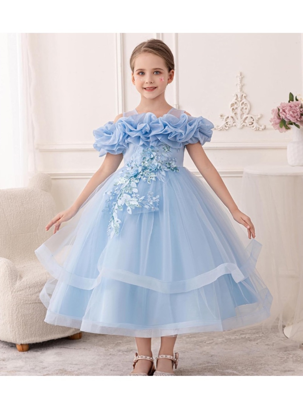 Light Blue Ruffled Tulle Flower Girl Dress